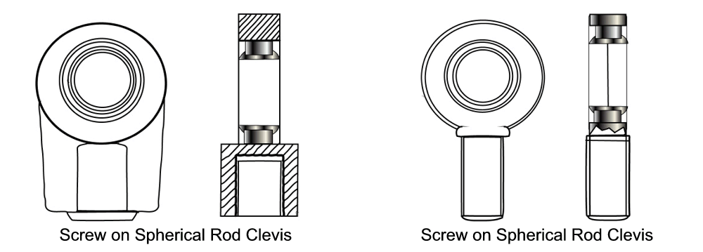 Screw on spherical rod clevis hydraulic ram mounting styles - types I and II - as manufactured by  Brian Murphy Precision Engineering Ltd, Hydraulic Rams Manufacture & Repair, Ireland